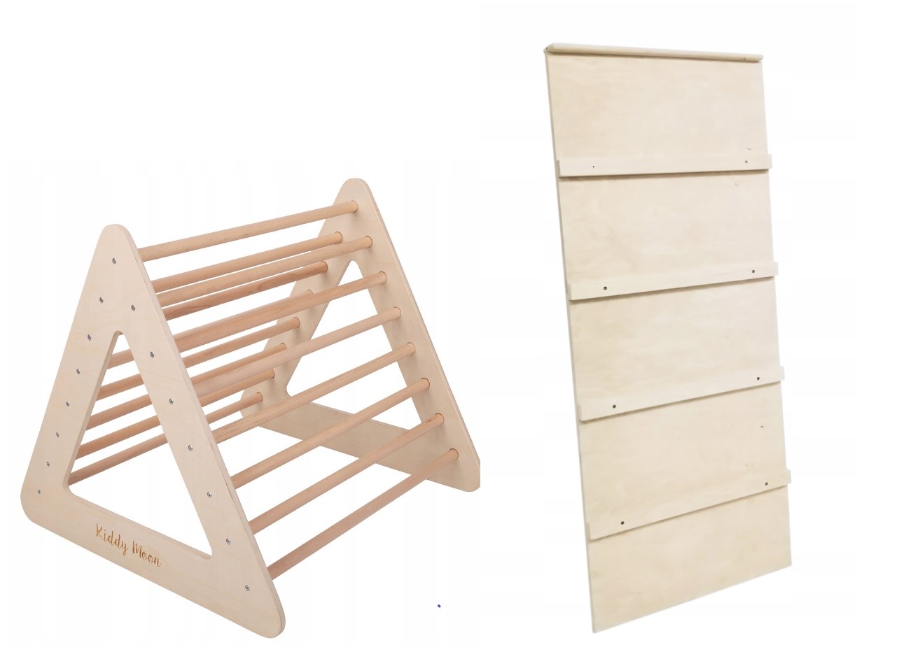 Dřevěný Montessori Piklerův trojúhelník s oboustrannou přírodní skluzavkou 90cm - sestava
