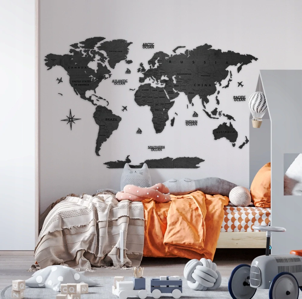 Dřevěná mapa na stěnu - černá - 100 cm - size S