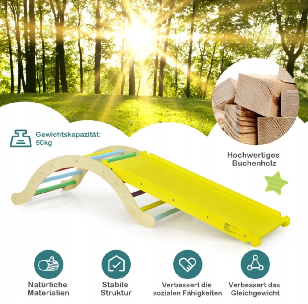 Dřevěná houpačka Montessori se skluzavkou 120 XXL a matrací - barevná