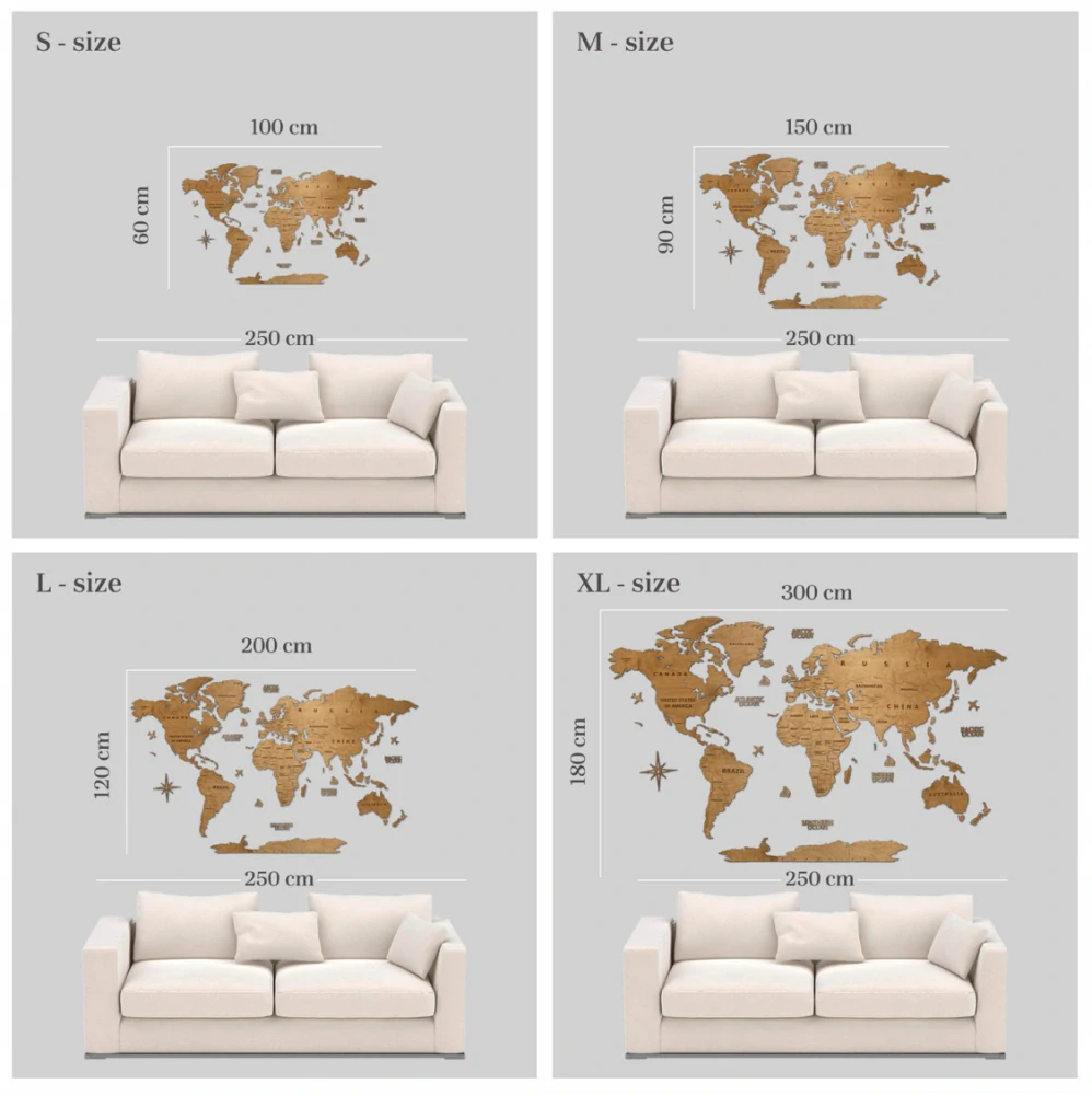 Dřevěná mapa na stěnu - DUB - 200 cm - size L